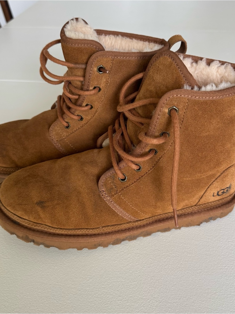 UGG Harkley Chestnut Shearling Lined 1016472 Sheepskin Mid Top Lace Casual Boots - Picture 2 of 13